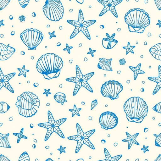 Create a seamless pattern featuring various types of seashells and starfish in blue line art on a light beige background. Include detailed illustrations of different shell shapes and sizes along with scattered small marine elements like pebbles and tiny fish. The design should have a coastal and nautical theme, evoking a beachy atmosphere.