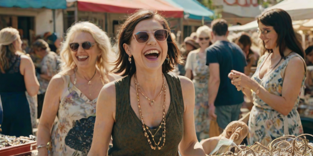 Bustling flea market on a sunny day, a woman browsing through vintage clothes and jewelry, excitedly holding up a unique find to show a friend.
