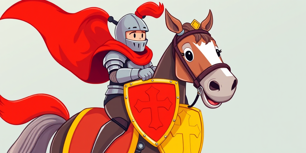 Create a cartoon-style illustration of a knight riding a horse, featuring a red cape and a yellow shield with a cross, in a vibrant color palette, with a whimsical expression on the horse's face, captured with a Canon EOS R5, 50mm lens, f/2.8 aperture, in a well-lit studio setting, focusing on high dynamic range and sharp details.
