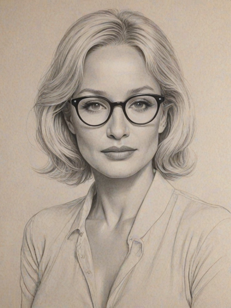 Bewitching Ellen Barkin, pencil sketch, portrait of Graceful woman 1942s in glasses, hair style beatnik, outline, clear lines, fine lines, 8k