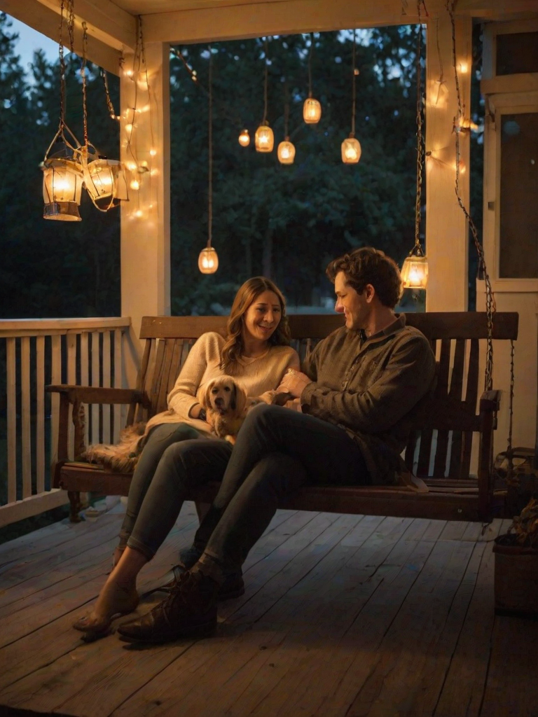 Warmly lit photo of a couple sitting on a porch swing at dusk, soft golden light from hanging lanterns casting warm shadows, with a dog curled up at their feet.
