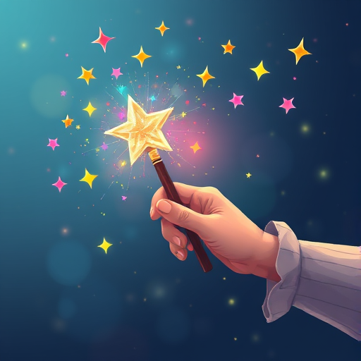 A whimsical illustration of a hand holding a magic wand with colorful sparkling stars emanating from it, captured in a high-resolution digital format with a 50mm lens, f/2.8 aperture, ISO 100, and soft natural lighting to enhance the vibrancy and depth of colors.