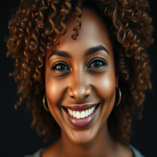 Create a close-up portrait of a smiling woman with curly hair on a dark background, using a Canon EOS R5 camera, 85mm lens, aperture f/1.8, ISO 100, and soft natural lighting to enhance details and textures.