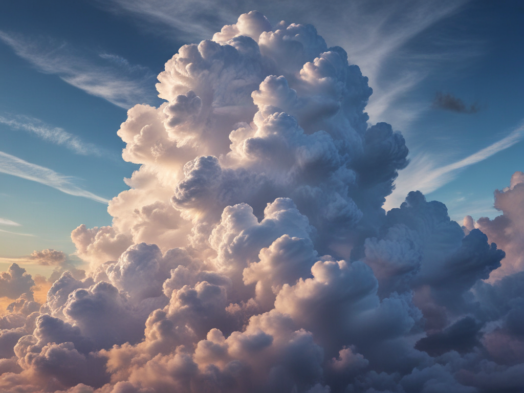 Majestic Towering Clouds Bathed in Soft Sunset Light Against Blue Sky