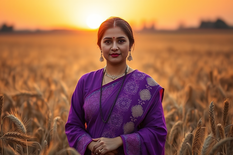 Regenerate a high-quality portrait of a woman in a purple traditional outfit standing in a golden wheat field at sunset, with the camera settings: f/2.8, ISO 100, shutter speed 1/100, using a 85mm lens, captured from eye level with a soft focus background to enhance the warm golden tones.