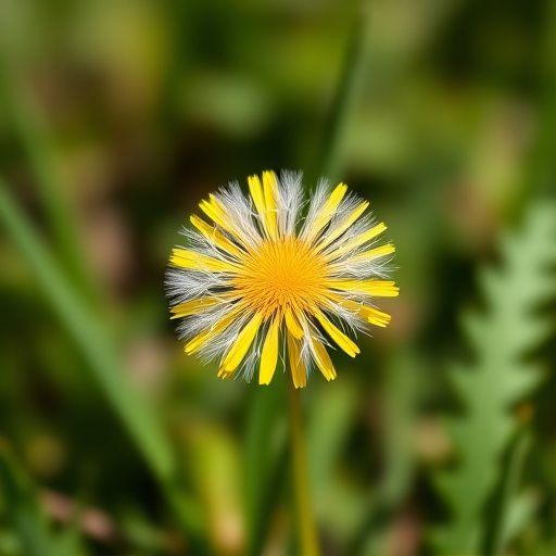 create a vibrant illustration of a dandelion with bright yellow petals and green jagged leaves in a minimalist style, captured with a full-frame DSLR camera at f/2.8 aperture, 50mm lens, ISO 100, natural light, high resolution and vivid colors.