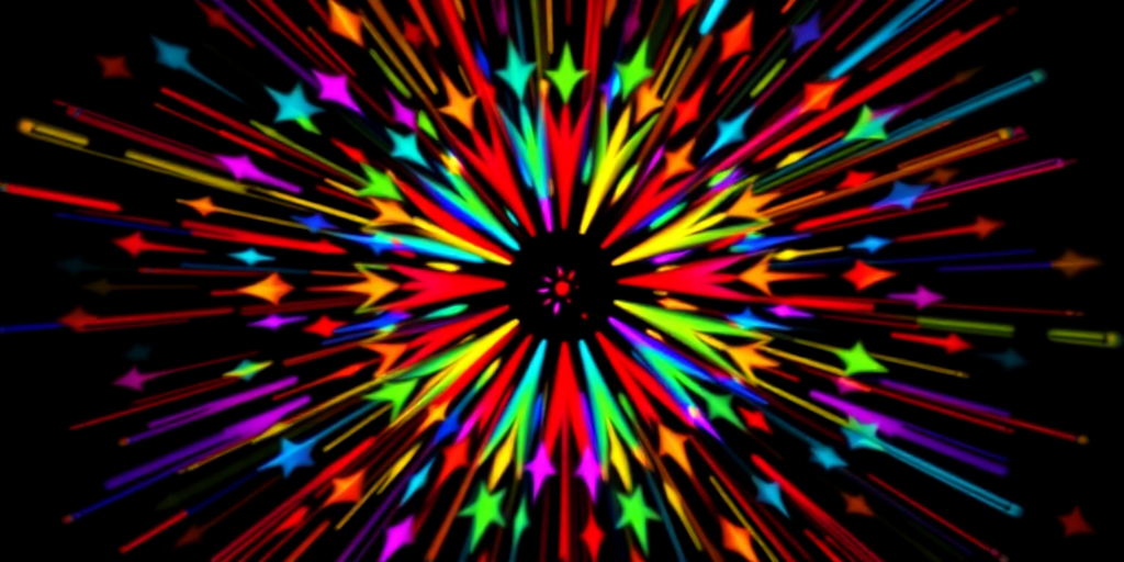 Create a vivid, abstract image of a colorful burst of star-like shapes radiating from a central point on a black background, using a DSLR camera with a 50mm lens, f/2.8 aperture, ISO 100, and a soft focus effect to enhance the depth and vibrancy of colors.