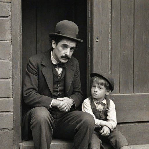 A black-and-white photograph of a man and a child sitting on steps in front of a doorway. The man is dressed as a tramp with a bowler hat, mustache, and ragged clothes, reminiscent of Charlie Chaplin's iconic look. He is sitting with his arms crossed and an expression of slight sadness or frustration. Next to him is a young boy, also in worn clothes and a cap, sitting with his hands clasped, looking thoughtful. The background is an old, textured wall and a partially open door, creating a vintage, early 20th-century atmosphere.