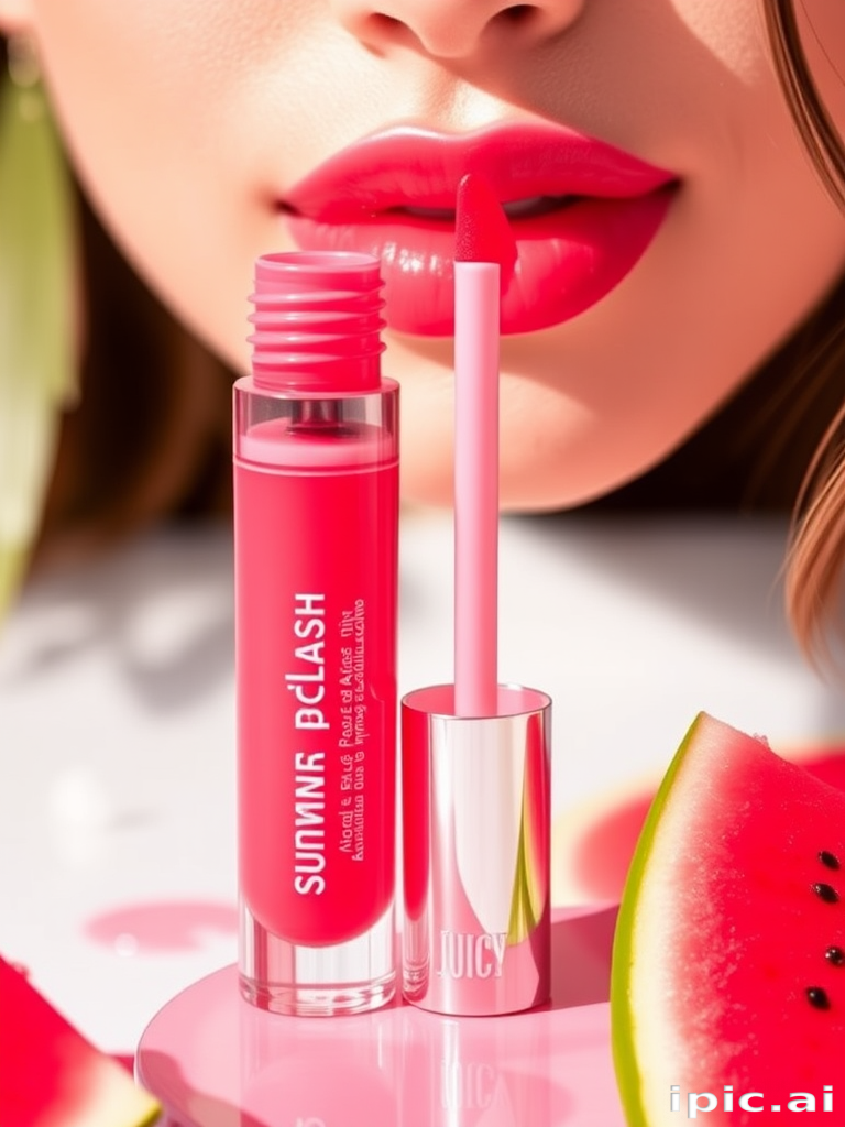 Juicy watermelon pink lip stain with a glossy finish, dubbed "Summer Splash," providing long-lasting hydration and a fruity scent, perfect for achieving a fresh, youthful appearance