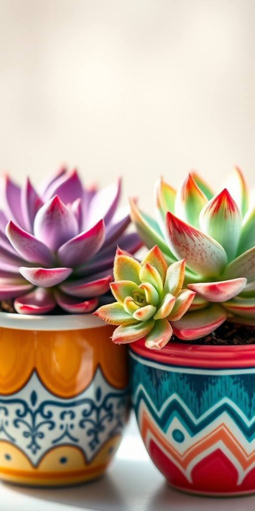 A vibrant and detailed illustration of two succulent plants in decorative pots, captured with a shallow depth of field using a DSLR camera, aperture f/2.8, focal length 50mm, natural light, with a slight gradient background to enhance colors and textures.