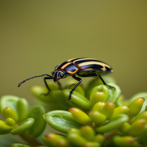 macro photograph of a striped beetle on green foliage with soft background, ISO 200, f/2.8, 1/200s, 100mm lens, taken with a DSLR camera, shallow depth of field to enhance details and blur the background