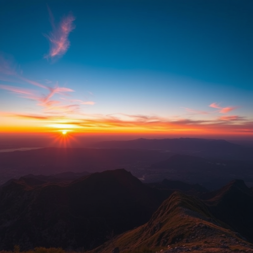 Regenerate the image of a sunset over a mountain range, in vibrant colors, with a wide-angle view using a DSLR camera at ISO 100, f/8 aperture, 1/200 sec shutter speed, and natural lighting for enhanced image quality.