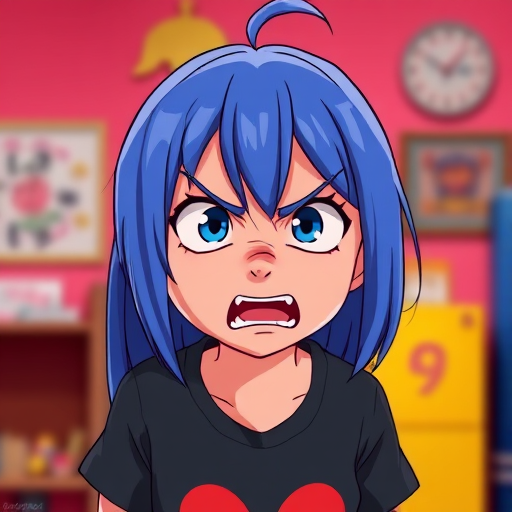 Create a high-resolution animated character image of a girl with blue hair expressing anger, using a 50mm lens, f/2.8 aperture, in a vibrant, colorful studio setting, captured with a DSLR camera for sharp detail and clarity.