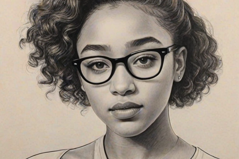 Fascinating Amandla Stenberg, pencil sketch, portrait of Captivating woman 1975s in glasses, hair style beatnik, outline, clear lines, fine lines, 8k