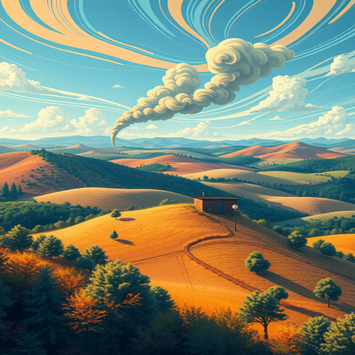 create a vibrant landscape illustration featuring rolling hills, a small chimney emitting smoke, trees in the foreground, and swirling wind patterns, captured with a Canon EOS R5 at f/8, ISO 100, 50mm lens, in a wide-angle view for enhanced depth and clarity
