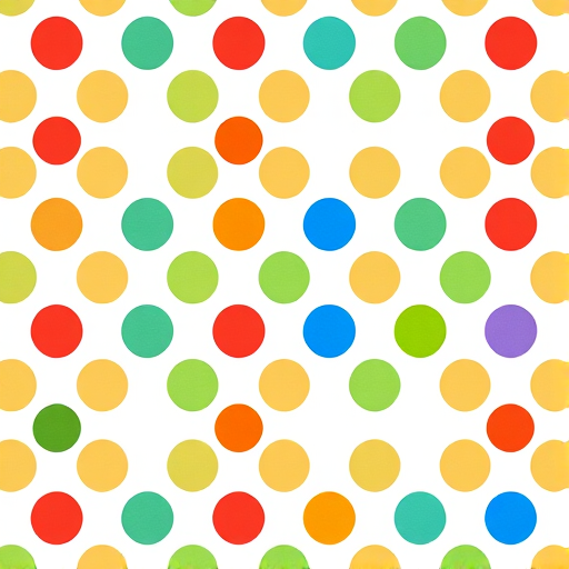 generate a repeating pattern of colorful polka dots in red, orange, green, and blue on a white background with a Canon EOS R5, 50mm f/1.8 lens, aperture f/2.8, ISO 100, and a flat lay view to enhance image quality
