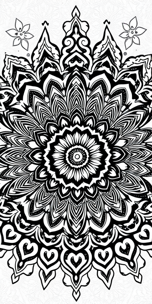 Create a highly detailed mandala design with intricate patterns and symmetry in monochrome, using a DSLR camera with a 50mm lens at f/8 aperture, ISO 100, shot from a top-down perspective in natural light for enhanced clarity and sharpness.