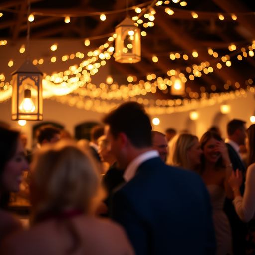 Blurry candid shot of a wedding reception, guests laughing and dancing under twinkling string lights, with soft golden light from the lanterns casting a warm, festive glow over the scene.