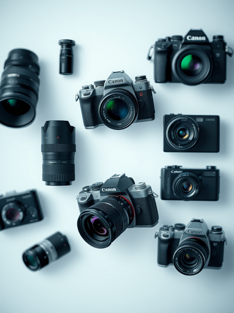 Create an abstract representation of photography showcasing various camera types and styles with a blurred background, using a DSLR camera, f/2.8 aperture, ISO 100, 50mm lens, and soft lighting for a professional look.