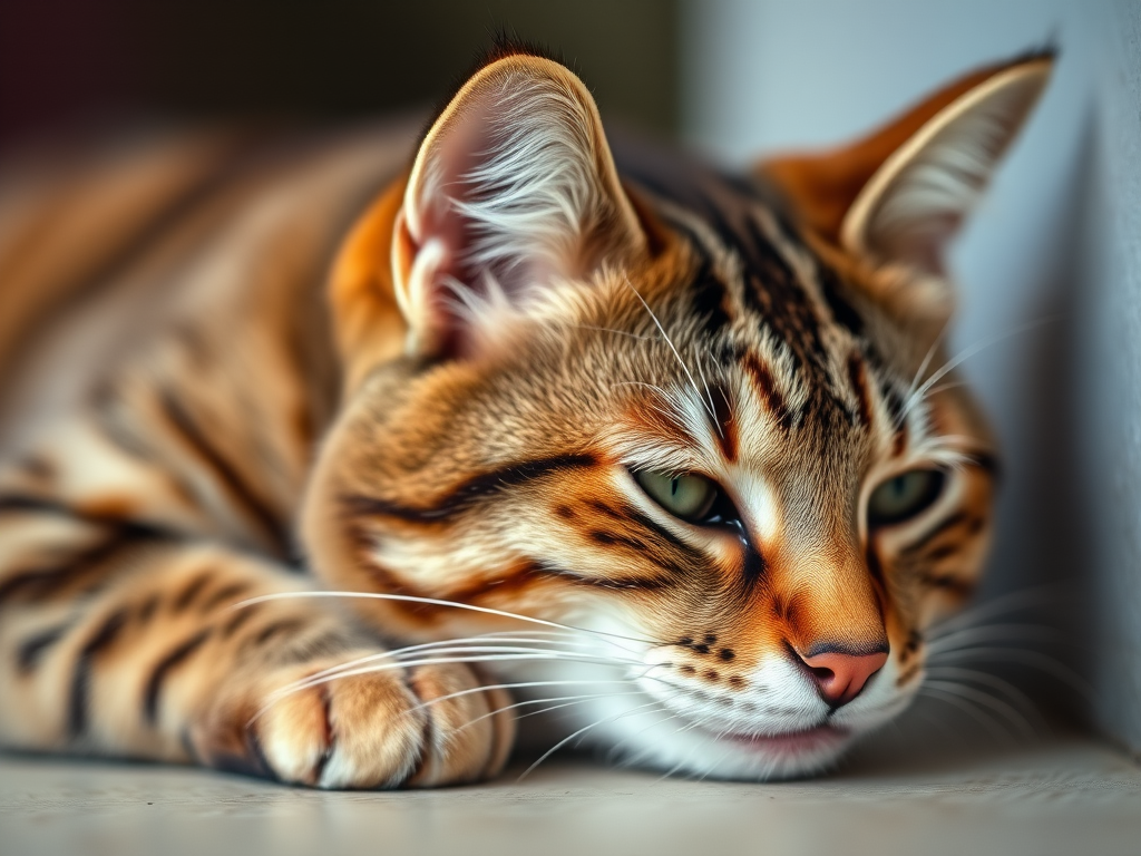 Regenerate the image of a tabby cat resting with sharp focus on its face, shot with a Canon EOS R5, 85mm lens, aperture f/1.8, ISO 100, natural light, 1/200s shutter speed, shallow depth of field.