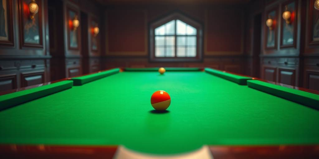 generate an image of a classic billiards table with a green felt surface, low angle view, f/2.8 aperture, ISO 100, 50mm lens, natural lighting, high-resolution realistic style