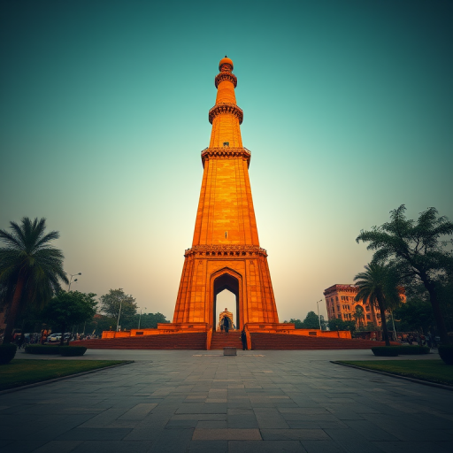 Regenerate a high-resolution image of the Minar-e-Pakistan monument in Lahore, Pakistan, using a DSLR camera with a 50mm lens at f/8 aperture, ISO 100, and a low-angle view during golden hour to enhance the lighting and shadows.
