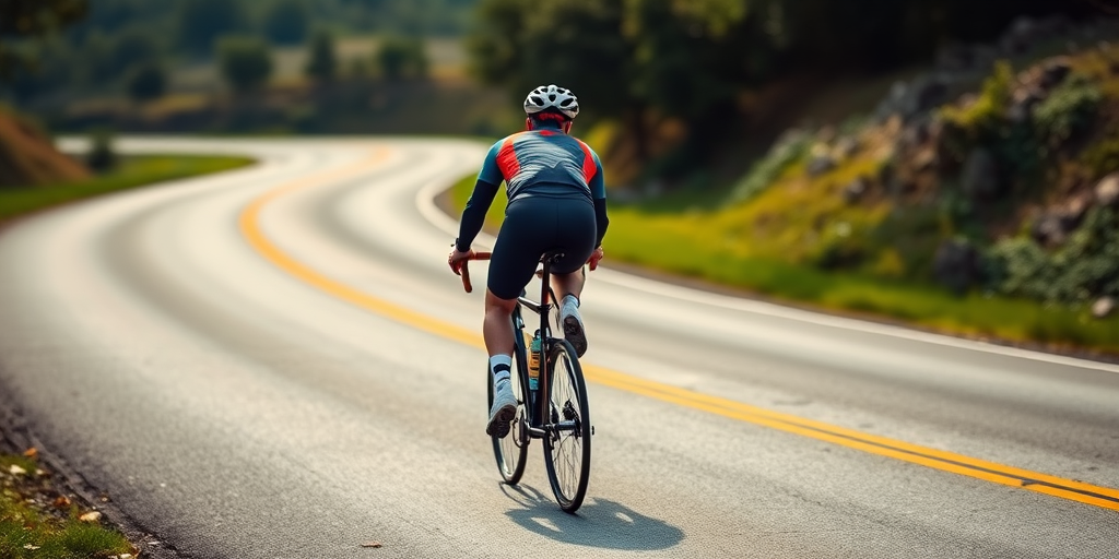Generate an image of a cyclist riding on a curved road, with a focus on their back as they pedal away, using a DSLR camera with a 50mm lens, aperture set to f/2.8, shutter speed at 1/500s, ISO 100, and a shallow depth of field for enhanced clarity and background blur.