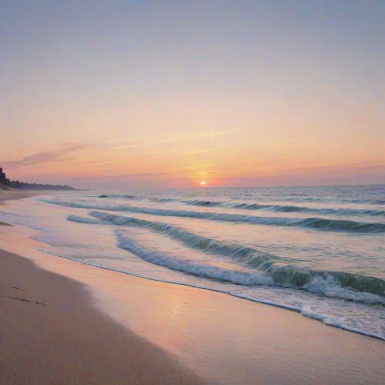 Soft-focus image of a serene beach at dawn, with gentle waves caressing the shore, and soft pastel colors painting the sky as the sun begins to rise.