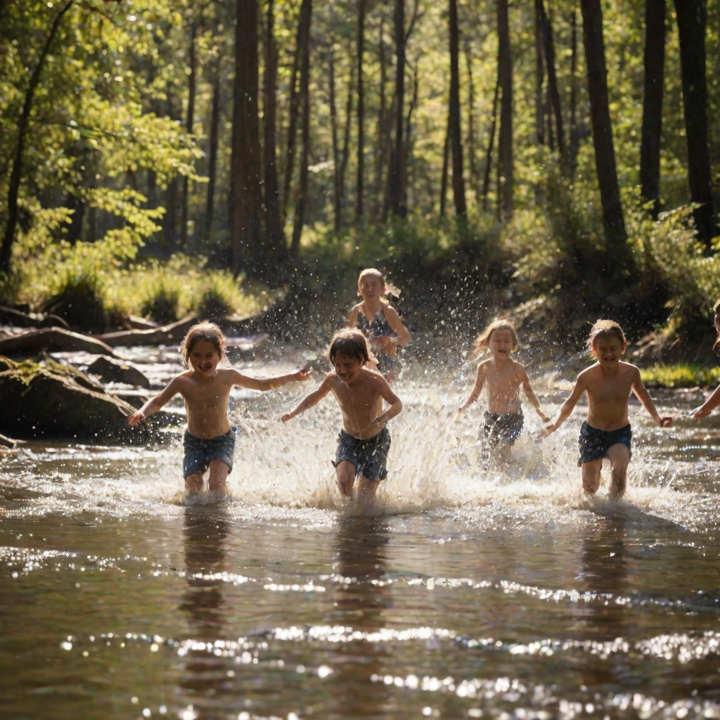 Blurry action shot of a group of kids splashing in a shallow creek, water droplets suspended in mid-air, sunlight reflecting off the water, the distant sound of laughter and rushing water, soft shadows cast by trees on the banks.
