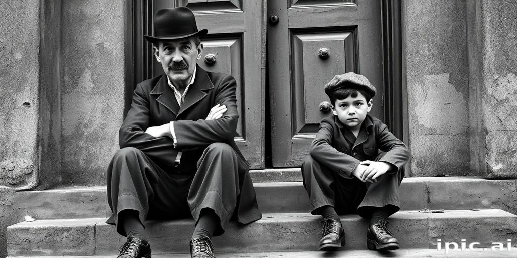 A black-and-white photograph of a man and a child sitting on steps in front of a doorway. The man is dressed as a tramp with a bowler hat, mustache, and ragged clothes, reminiscent of Charlie Chaplin's iconic look. He is sitting with his arms crossed and an expression of slight sadness or frustration. Next to him is a young boy, also in worn clothes and a cap, sitting with his hands clasped, looking thoughtful. The background is an old, textured wall and a partially open door, creating a vintage, early 20th-century atmosphere.