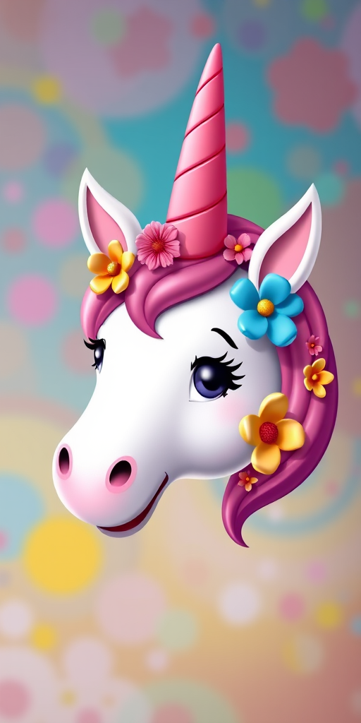 Create a high-resolution image of a cartoon unicorn head with a pink striped horn and colorful flowers on its head, using a DSLR camera with a 50mm lens, aperture f/2.8, ISO 100, and a vibrant, colorful background to enhance details.