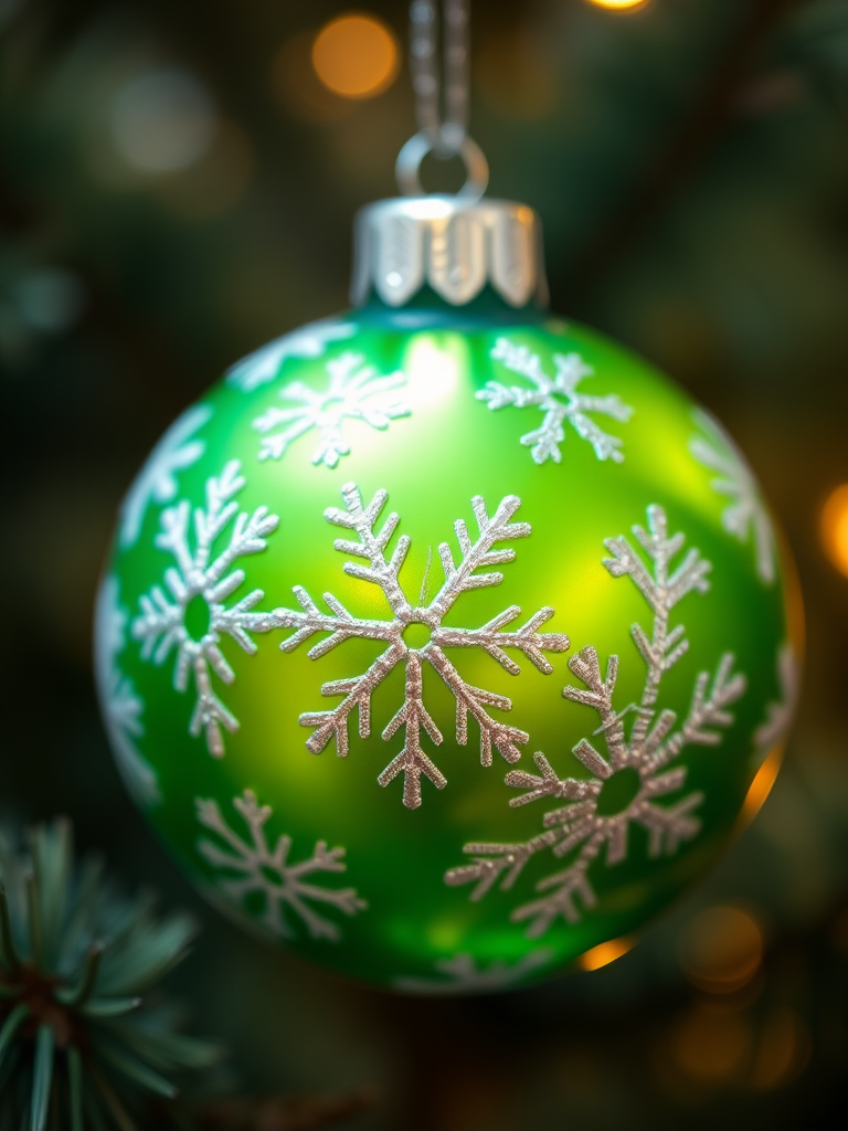 create a vibrant green Christmas ornament with intricate white snowflake patterns, shot with a DSLR camera at f/2.8 aperture, 1/60 shutter speed, ISO 200, using a close-up lens to capture fine details and a soft bokeh background.