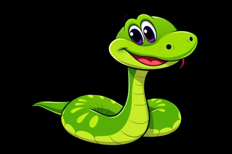 Generate a cartoon-style illustration of a vibrant green snake with a playful expression on a solid black background, using a Canon EOS R5 camera with a 50mm f/1.2 lens, shot at ISO 100, aperture f/2, and a shallow depth of field for enhanced image quality.