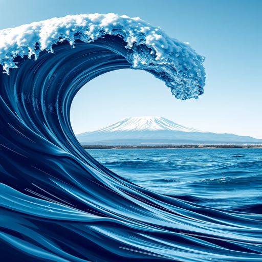 Create a high-resolution digital illustration of a stylized wave with fluid lines and a minimal background, featuring a distant snow-capped mountain, using a Canon EOS R5 with a 24-70mm f/2.8 lens, aperture set to f/8, ISO 100, shot in landscape orientation with natural lighting for enhanced color vibrancy.