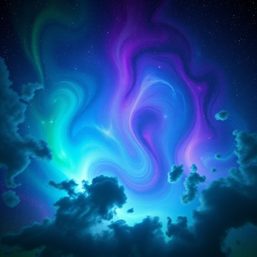 Generate a vibrant cosmic landscape featuring swirling clouds of green, blue, and purple, with sparkling stars scattered throughout; use a wide-angle lens; aperture f/2.8; shutter speed 1/100s; ISO 100; capture with a DSLR camera.