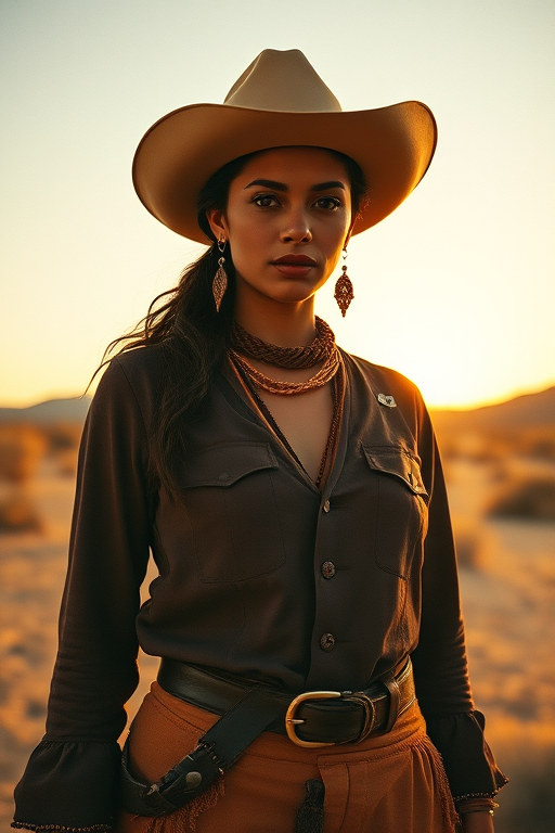 Dramatic photo of a beautiful Taino woman, classic cowboy attire, confident and free spirit expression, half-length portrait, centered, golden hour desert landscape, warm, diffused light, low angle, medium format film camera, in style of Annie Leibovitz.