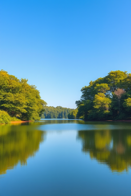 Generate an image of a serene landscape featuring a tranquil lake surrounded by lush green trees under a clear blue sky, captured with a DSLR camera using a 50mm lens, aperture set at f/2.8, ISO 100, with soft lighting and a slightHDR effect for enhanced details.