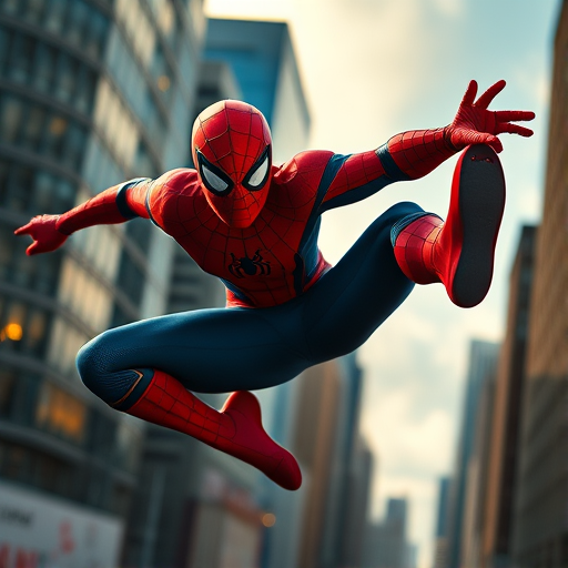 Create a high-resolution image of a dynamic Spider-Man character in mid-leap against a city backdrop, use a Canon EOS 5D Mark IV with a 50mm f/1.8 lens, aperture set to f/4, ISO 100, and a shutter speed of 1/500 sec for sharpness, capture from a low-angle view to emphasize action, enhance with vibrant colors and dramatic lighting.