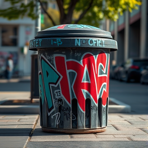 Capture a close-up shot of a graffiti-covered trash bin in an urban setting, using a Canon EOS R5 camera with a 50mm f/1.8 lens, aperture set to f/2.8 for a shallow depth of field, ISO 100 for high detail, and a natural light source to enhance textures.