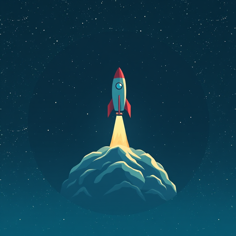 Create an illustration of a rocket launching into space from a circular planetary body, set against a deep blue starry sky, using a wide-angle lens, f/8 aperture, ISO 100, and soft focus to enhance the image quality.