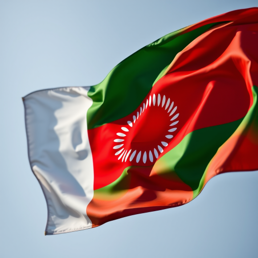 Create a high-resolution image of a Tajikistan flag waving gracefully in the wind with soft folds, using a DSLR camera with a 50mm lens, aperture set to f/2.8, ISO 100, and a slight backlight for enhanced texture and vibrancy.