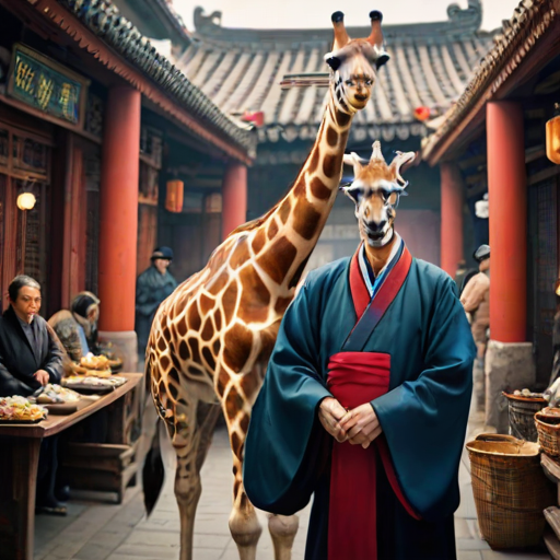 This is a surrealistic realistic photography with a Chinese style characterized by Confucianism and Taoism elegance. A realistic photograph captures an anthropomorphic giraffe in traditional Chinese Yuan Dynasty merchant's attire, in a lively marketplace, its towering height providing a view of the bustling activity below.