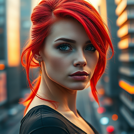 A futuristic cityscape featuring a woman with vibrant red hair, soft focus background, sharp details on the subject, golden hour lighting, portrait view, taken with a DSLR camera at 50mm lens, aperture f/1.8, ISO 100, and a slightly elevated angle for depth.