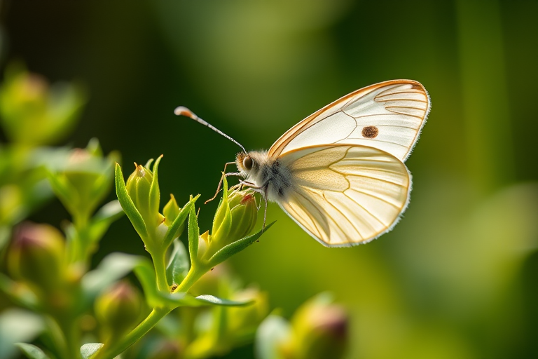 Capture a close-up of a white butterfly resting on a green plant with a shallow depth of field, using a Canon EOS 5D Mark IV, 100mm f/2.8 macro lens, aperture f/2.8, ISO 200, shutter speed 1/250s, natural lighting.