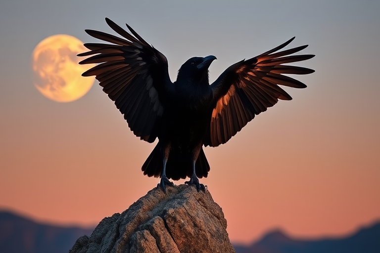 A majestic raven perched on a rocky outcrop with its wings spread wide, a large moon in the twilight sky and mountains in the background, shot with a Canon EOS R5, 50mm lens, f/2.8 aperture, ISO 100, sunset lighting, high dynamic range, and a shallow depth of field for enhanced detail.