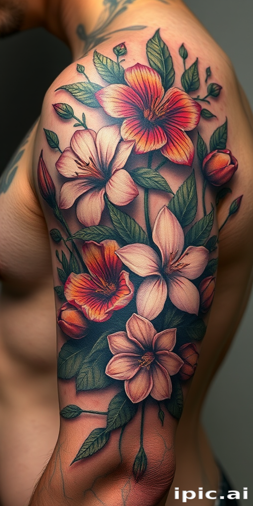 Realistic 3D tattoo titled "Living Canvas" depicting hyperrealistic flora and fauna that appear to emerge from the skin, with lifelike textures and shading that create an illusion of depth, incorporating elements of trompe l'oeil art techniques