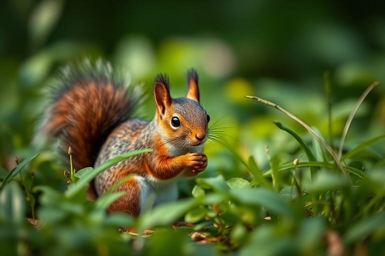 squirrel in lush greenery, shallow depth of field, ISO 200, f/2.8, 1/200 sec, 50mm lens, macro photography, natural light, DSLR camera
