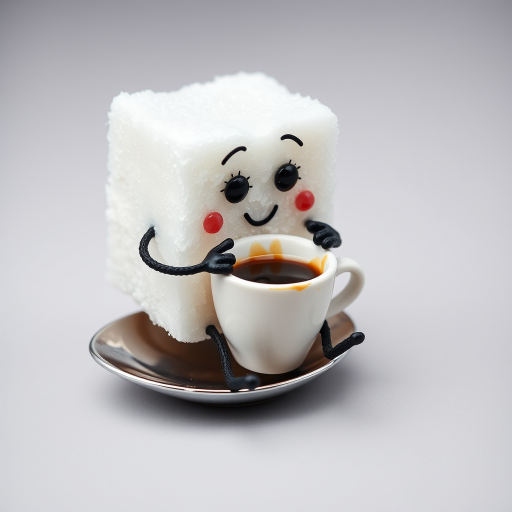 A sugar cube with a face and legs, sitting on a spoon and sipping a tiny cup of coffee.