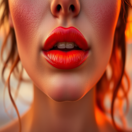 Ombre sunset woman lips blending warm oranges and pinks, capturing the essence of a tropical paradise