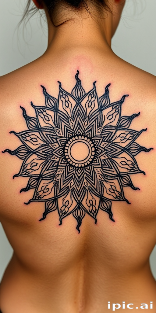 Intricate dotwork body tattoo portraying a detailed mandala sun design on the upper back, created entirely with tiny black dots for a mesmerizing texture and depth
